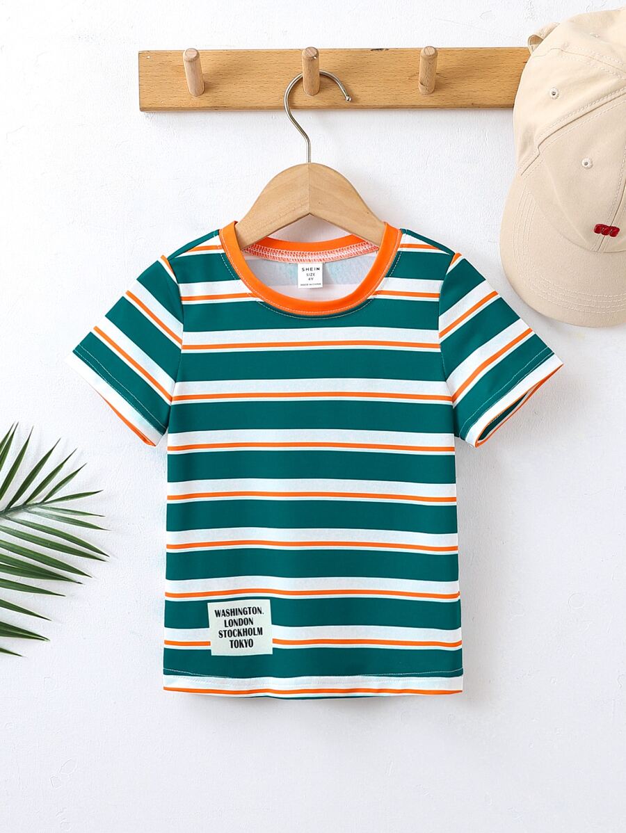 SHEIN Young Boy Striped Print Letter Patched Detail Tee - Multicolor - View 1