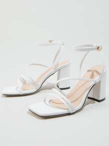 Women Ankle Strap Chunky Heeled Sandals, Elegant White Heeled Sandals