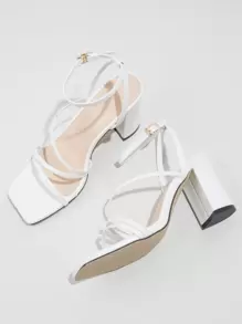 Women Ankle Strap Chunky Heeled Sandals, Elegant White Heeled Sandals
