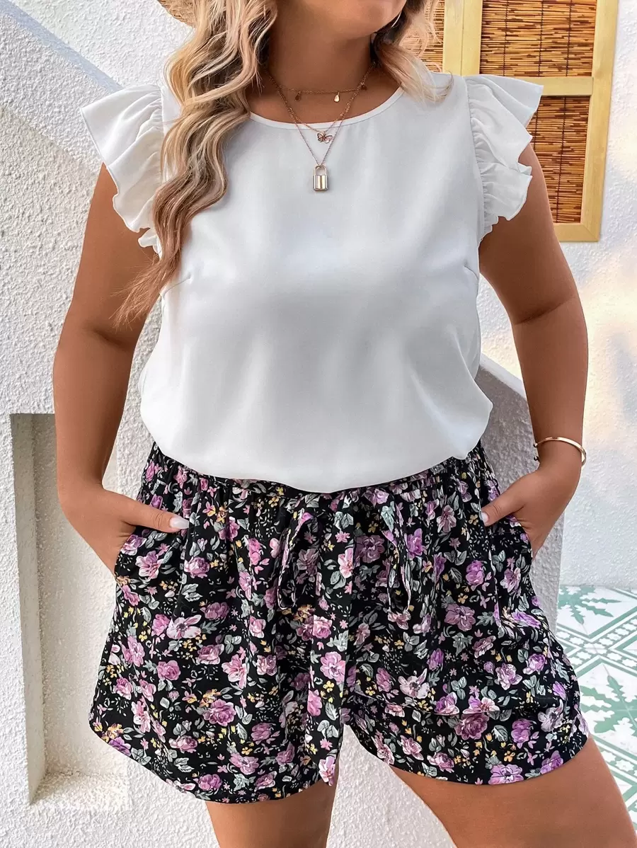 SHEIN Clasi Bộ thời trang Plus Size Thắt lưng Túi Xù Hoa Boho - trắng - Xem 1