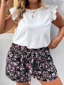 SHEIN Clasi Bộ thời trang Plus Size Thắt lưng Túi Xù Hoa Boho - trắng - Xem 5
