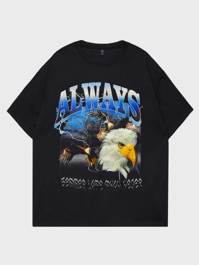 Street Life Men Cotton Eagle & Letter Graphic Drop Shoulder Tee, School