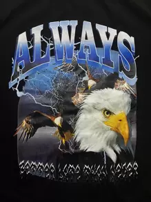 ROMWE MEN Street Life Men's Cotton Eagle And Letter Print Drop-Shoulder T-Shirt, Suitable For Campus Wear - 黑色 - 查看 3