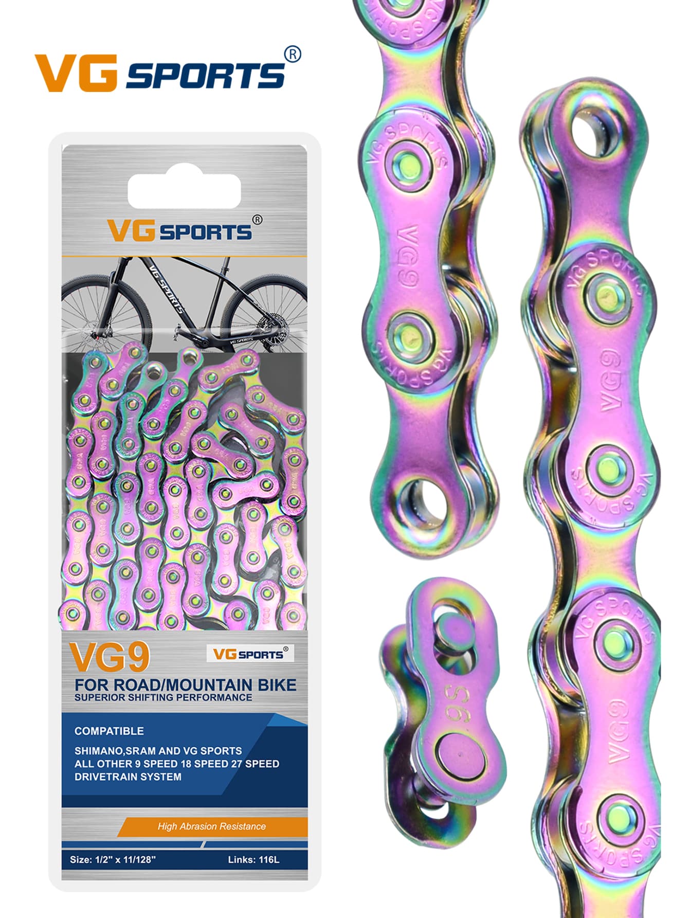 Cadena de bicicleta 9 Velocidad 9s Cadena unicolor Arco iris MTB Cadena de bicicleta de carretera de montaña - Multicolor - Ver 1