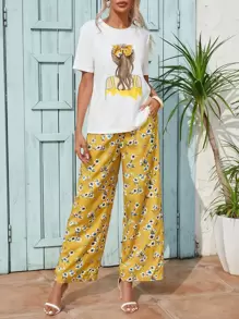 SHEIN VCAY Figure Graphic Tee & Floral Print Wide Leg Trousers - Multicolor - View 2