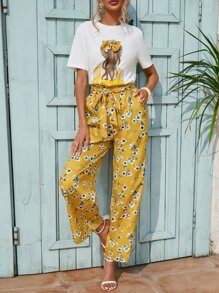 SHEIN VCAY Figure Graphic Tee & Floral Print Wide Leg Trousers - Multicolor - View 4