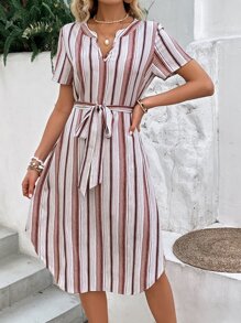 SHEIN LUNE Striped Print Notched Neck Belted Dress - Multicolor - View 2