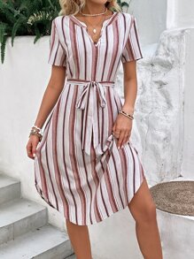 SHEIN LUNE Striped Print Notched Neck Belted Dress - Multicolor - View 4