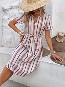 SHEIN LUNE Striped Print Notched Neck Belted Dress - Multicolor - View 5