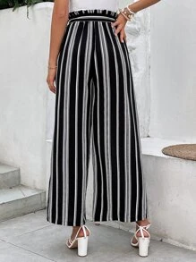 SHEIN LUNE Striped Print Paperbag Waist Belted Wide Leg Trousers - Black and White - View 6