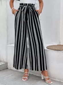 SHEIN LUNE Striped Print Paperbag Waist Belted Wide Leg Trousers - Black and White - View 3