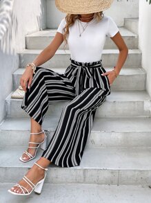 SHEIN LUNE Striped Print Paperbag Waist Belted Wide Leg Trousers - Black and White - View 5