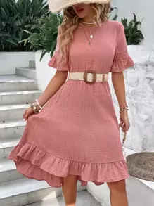 EMERY ROSE 1pc Solid Flounce Sleeve Ruffle Hem Dress