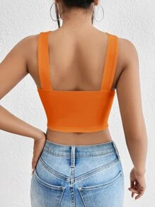 SHEIN Privé Solid Criss Cross Crop Halter Top - Orange - View 2