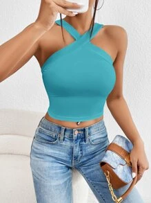SHEIN Privé Top unicolor crop ancho con tira - Azul - Ver 1