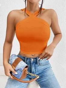 SHEIN Privé Solid Criss Cross Crop Halter Top - Orange - View 3