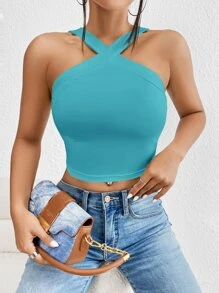 SHEIN Privé Top unicolor crop ancho con tira - Azul - Ver 3