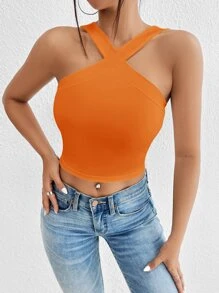 SHEIN Privé Solid Criss Cross Crop Halter Top - Orange - View 4