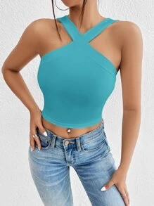 SHEIN Privé Top unicolor crop ancho con tira - Azul - Ver 4
