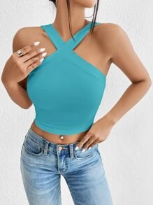 SHEIN Privé Top unicolor crop ancho con tira - Azul - Ver 5