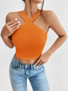 SHEIN Privé Solid Criss Cross Crop Halter Top - Orange - View 5