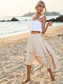 SHEIN VCAY Áo khoác và áo lót dành cho xe tăng nữ viền lá sen Xù màu trơn Boho - trắng - Xem 5