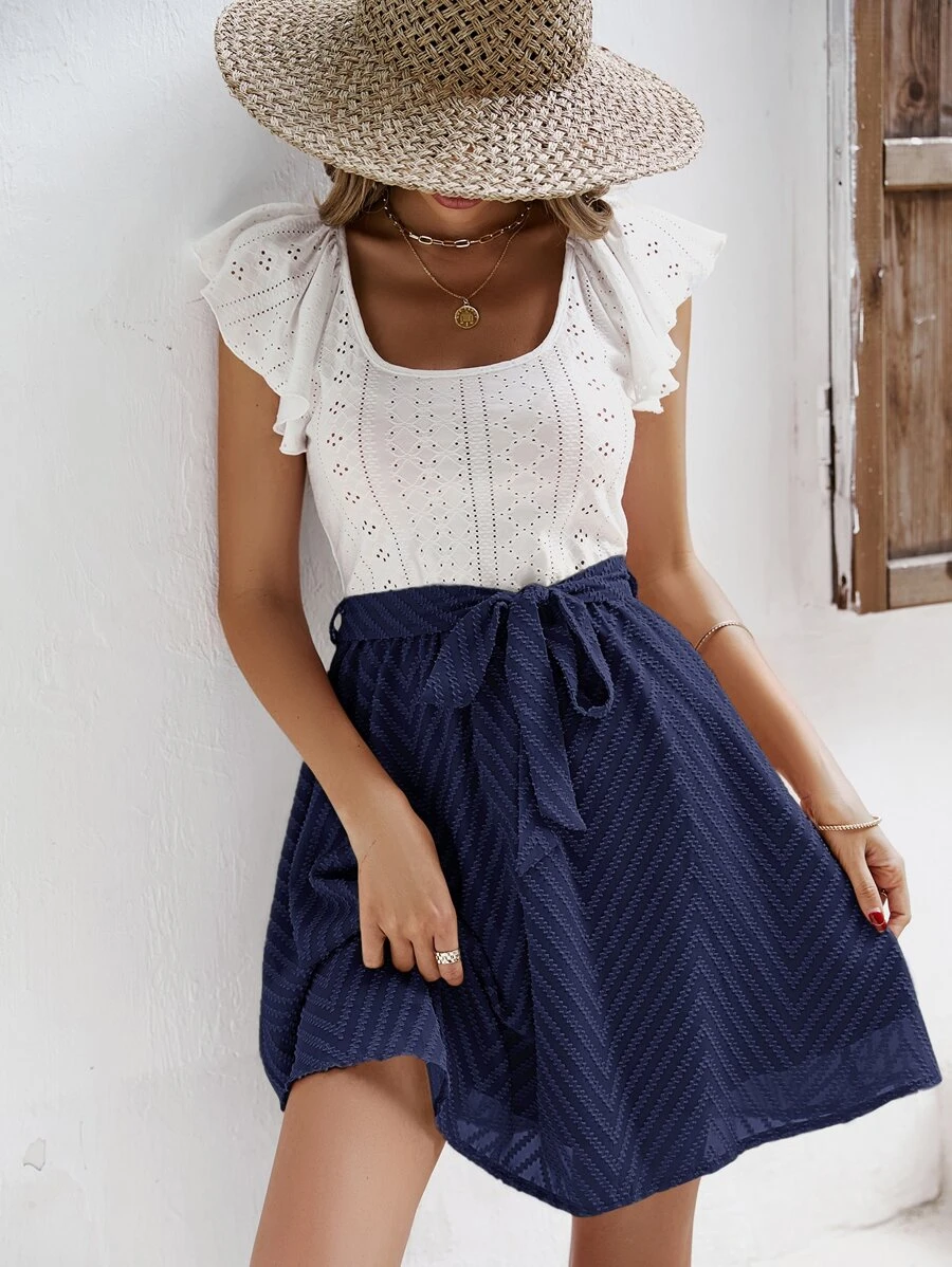 SHEIN Frenchy Eyelet Embroidery Ruffle Trim Belted Dress - Blue and White - View 1