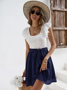 SHEIN Frenchy Eyelet Embroidery Ruffle Trim Belted Dress - Blue and White - View 3