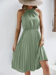 SHEIN Frenchy Solid Pleated Hem Halter Dress Summer Green Green Casual Christmas - Green - View 3