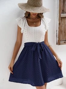 SHEIN Frenchy Eyelet Embroidery Ruffle Trim Belted Dress - Blue and White - View 6