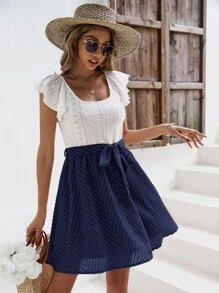 SHEIN Frenchy Eyelet Embroidery Ruffle Trim Belted Dress - Blue and White - View 7