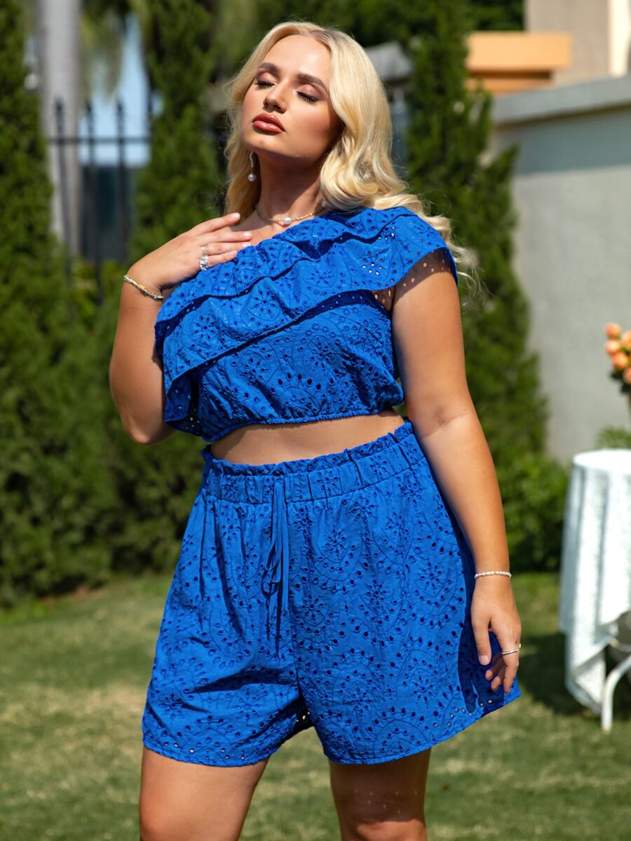 Glamaker Plus Solid Ruffle Trim Top & Shorts - Blue - View 1