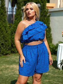 Glamaker Plus Solid Ruffle Trim Top & Shorts - Blue - View 4