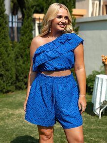 Glamaker Plus Solid Ruffle Trim Top & Shorts - Blue - View 6