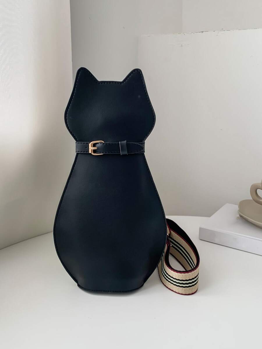 Mini Sling Bag Cat Design Buckle Decor PU