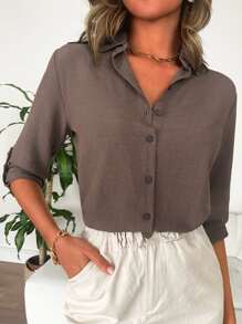 Cottnline Roll Up Sleeve Button Front Shirt - Brown - View 1