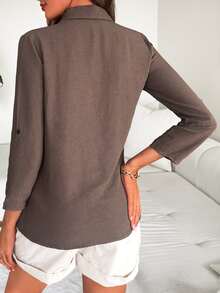 Cottnline Roll Up Sleeve Button Front Shirt - Brown - View 2