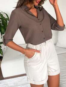 Cottnline Roll Up Sleeve Button Front Shirt - Brown - View 3