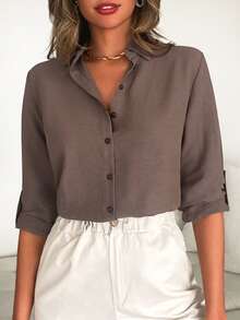 Cottnline Roll Up Sleeve Button Front Shirt - Brown - View 4