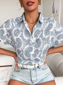 佩斯利印花蝙蝠袖襯衫