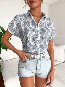 佩斯利印花蝙蝠袖襯衫