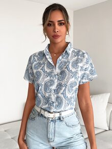 佩斯利印花蝙蝠袖襯衫