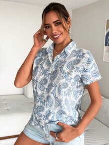 佩斯利印花蝙蝠袖襯衫