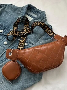 Riñonera minimalista con monedero con diseño de puntada con estampado de letra - Marrón - Ver 5