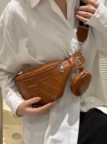 Riñonera minimalista con monedero con diseño de puntada con estampado de letra - Marrón - Ver 6