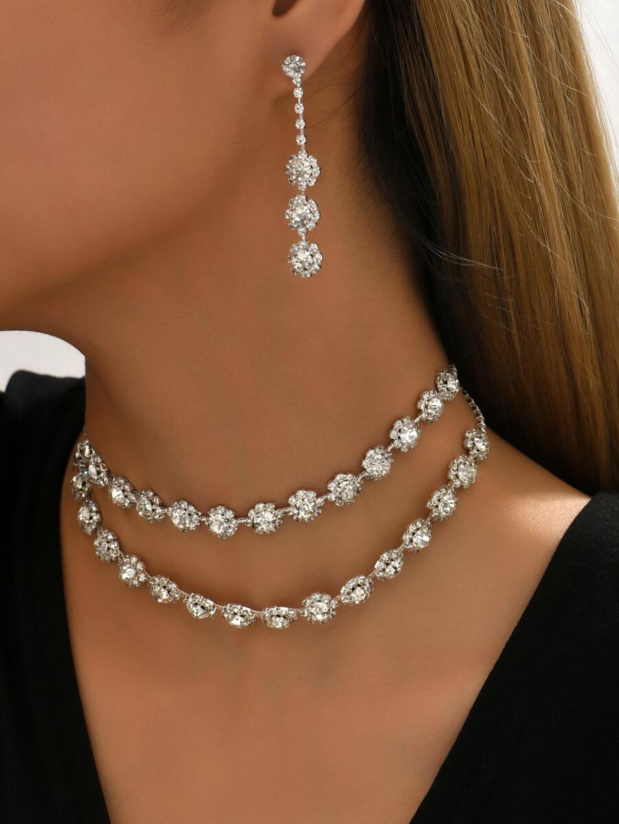 3 piezas/set Set joya con diseño de diamante de imitación - Plateado - Ver 1