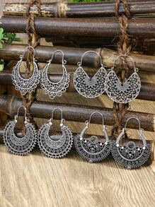 TopHanqi 4對鏤空圓耳環 - 復古銀色 - 查看 1