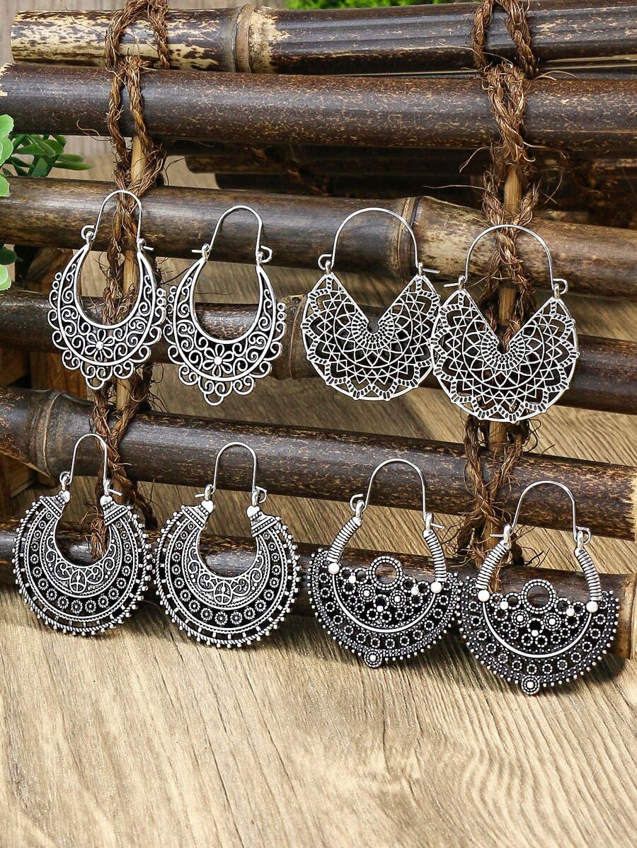 TopHanqi 4對鏤空圓耳環 - 復古銀色 - 查看 1