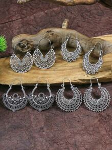 TopHanqi 4對鏤空圓耳環 - 復古銀色 - 查看 7