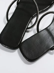 女士时尚水钻装饰拖鞋，舒适平底一脚蹬凉鞋，高端质感，百搭设计 - 黑色 - 查看 4